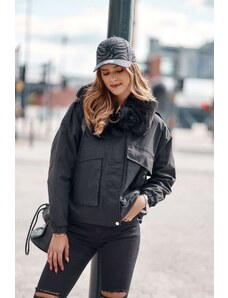 FASARDI Short, loose women's jacket with fur, black