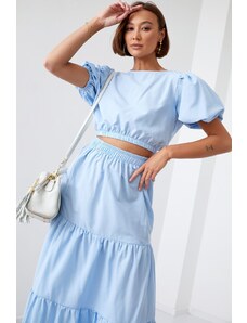 FASARDI Lady's summer set blouse with a skirt of light blue color