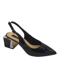 Pantofi eleganti dama Passofino P 456 cu toc gros, piele lac, negru