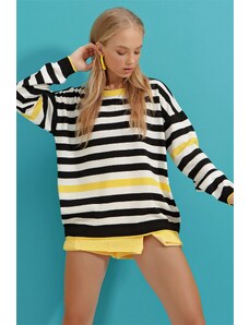 Trend Alaçatı Stili femei galbene crewneck dungi supradimensionate tricotaje bluza