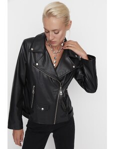 Trendyol negru supradimensionat buzunar detaliu piele artificială biker jacket haina