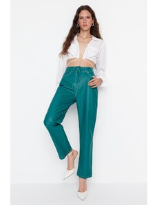 Trendyol Limited Edition Pantaloni din piele artificială țesătură verde dreaptă