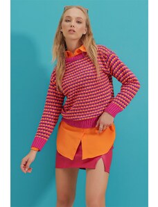 Trend Alaçatı Stili femei fucsia echipaj gât model tricotaje pulover de iarnă
