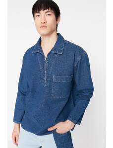 Trendyol Navy Blue Men's Oversized Zippered Denim Jeans Shirt
