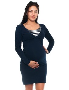 Rochie de gravidă și de alăptare, din bumbac, Be MaaMaa Alina- albastru închis alb