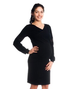 Rochie de gravidă/ de alăptare Be MaaMaa Kristýna, mâneci lungim decorate cu dantelă - negru