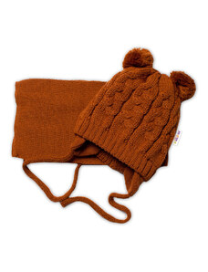 BABY NELLYS Iarna tricotate copil pălărie cu eșarfă TEDDY - maro cu tam-tam-uri, vel.62/68