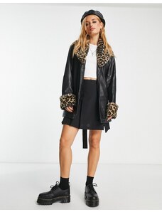 ONLY faux leather jacket with leopard print trim in black-Brown