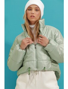 Trend Alaçatı Stili femei mentă stand guler cu buzunare duble gonflabile puffer haină cu talie elastică