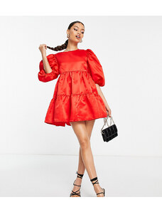 In The Style Petite exclusive satin puff sleeve tiered mini prom dress in red