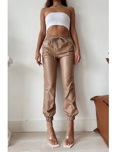 FashionForYou Pantaloni Jezebel, din piele ecologica, cu talie inalta si snur, Bej (Marime: S)