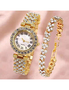 Set cadou cu ceas de dama Geneva Crystal auriu si bratara