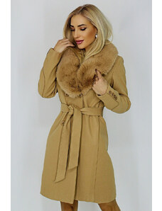 FashionForYou Palton din lana Exclusive, cu guler din blana si cordon in talie, Bej (Marime: 36)