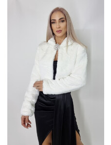FashionForYou Haina scurta din blana ecologica Suzyana, cu maneca lunga si accesoriu inclus, Alb, Marime S/M (Marime: One Size S/M)