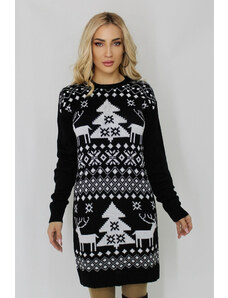 FashionForYou Rochie tricotata cu tematica de Craciun, Snowy tree, Negru, Marime: OneSize S/M