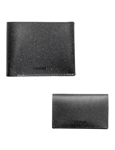 Origin Pachet portofel orizontal, barbatesc + port card din piele naturala reciclata, negru