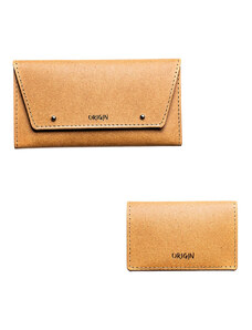 Origin Pachet portofel dama + port card din piele naturala reciclata, maro nature