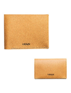 Origin Pachet portofel orizontal, barbatesc + port card din piele naturala reciclata, maro