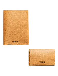 Origin Pachet portofel vertical barbatesc + port card din piele naturala reciclata, maro nature