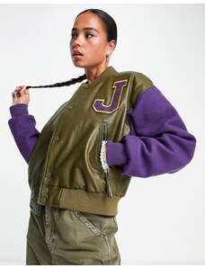 JJXX oversized faux leather varsity bomber jacket in khaki and purple-Multi