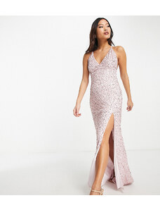 Lace & Beads Petite exclusive embellished thigh split maxi dress in dusky pink-Purple