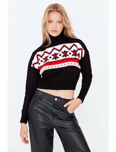 Trendyol Black Christmas Theme Patterned Crop Knitwear Pulover
