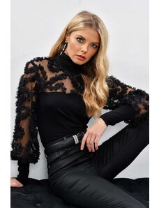 Cool & Sexy Women's Black Tulle Sleeves With Frills Accessorized Blouse BK894