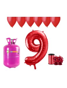 HeliumKing Set pentru petrecerea 9 aniversări a zilei de naștere cu heliu și baloane roșii