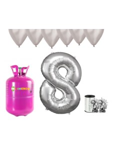 HeliumKing Set pentru petrecerea 8 aniversări a zilei de naștere cu heliu și baloane argintii
