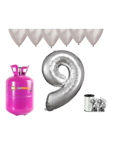 HeliumKing Set pentru petrecerea 9 aniversări a zilei de naștere cu heliu și baloane argintii