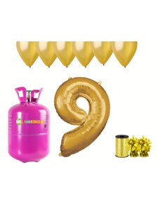 HeliumKing Set pentru petrecerea celei de a 9-a aniversări a zilei de naștere cu heliu și baloane aurii
