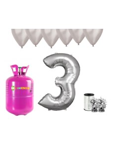 HeliumKing Set pentru petrecerea 3 aniversări a zilei de naștere cu heliu și baloane argintii