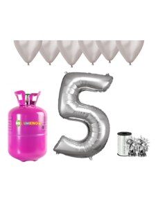 HeliumKing Set pentru petrecerea 5 aniversări a zilei de naștere cu heliu și baloane argintii