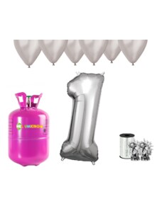 HeliumKing Set pentru prima petrecere a aniversării zilei de naștere cu heliu și baloane argintii