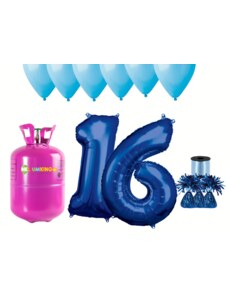 HeliumKing Set pentru petrecerea 16 aniversări a zilei de naștere cu heliu și baloane albastre