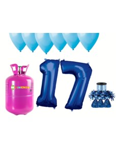 HeliumKing Set pentru petrecerea 17 aniversări a zilei de naștere cu heliu și baloane albastre