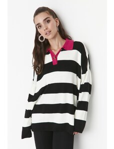 Trendyol Black Striped Polo Neck Tricotaje Pulover