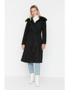 Trendyol Black Collar, blană și curea haină lungă