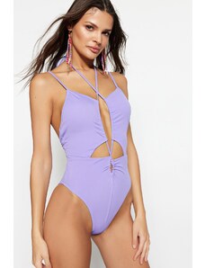 Trendyol Lilac Deep V-Neck Cut Out/Windowed High Leg Swimsuit