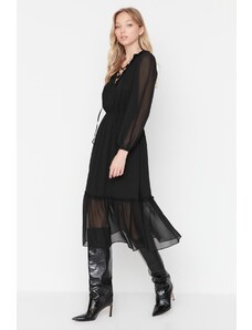 Trendyol Black Midi A-Line guler țesut dantelat șifon rochie țesută