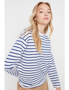 Trendyol White Striped Oversize/Wide-Fit Crew Neck Thin Knitted Sweatshirt