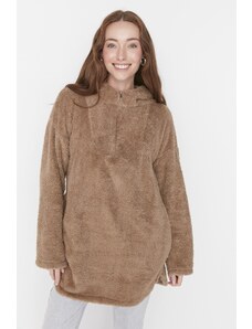 Trendyol Camel Hooded Fermoar Plush Coat