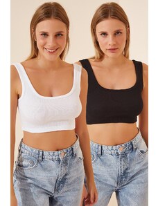 Happiness İstanbul Women's Black and White Strapless Crop Two-Pack Knitted Blouse