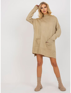 Fashionhunters Beige long oversize sweater with pockets and turtleneck