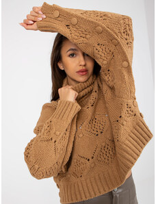 Fashionhunters Camel openwork sweater with turtleneck and wide sleeves