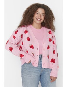 Trendyol Pink Strawberry Patterned V Neck Tricotaje Cardigan