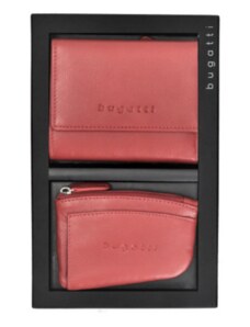 Set cadou dama, Bugatti, portofel si portchei piele naturala, rosu, mediu, protectie RFID