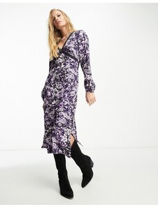 Violet Romance v neck midi dress with lace contrast in floral print-Multi