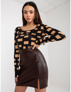 Fashionhunters Black and camel fitted blouse with print
