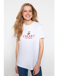 Trendyol White 100% Cotton Cherry Embroidered Boyfriend Fit Crew Neck Knitted T-Shirt